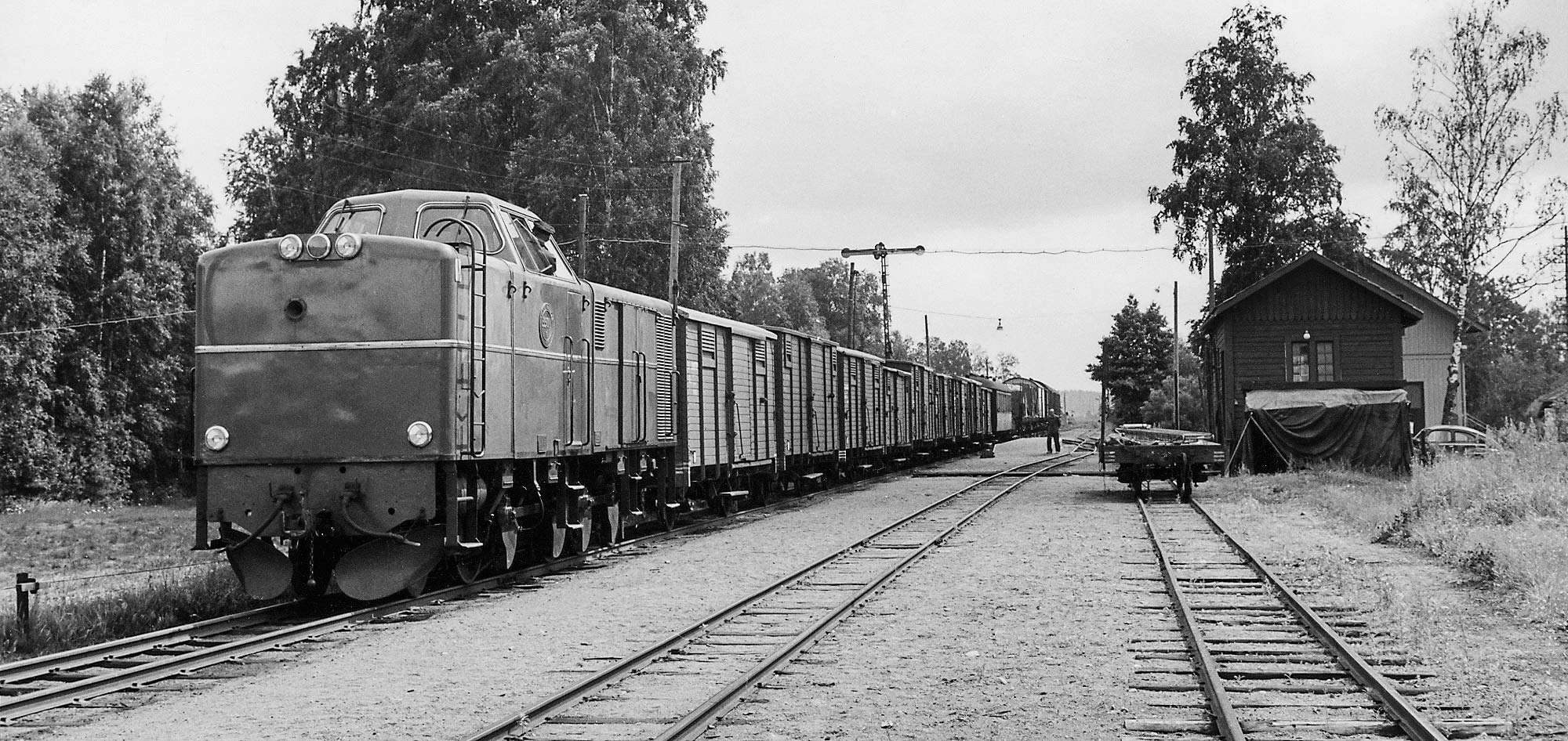 Bild: Tp 3521 med lokalgodståg i Vena på banan Hultsfred-Västervik 1960
