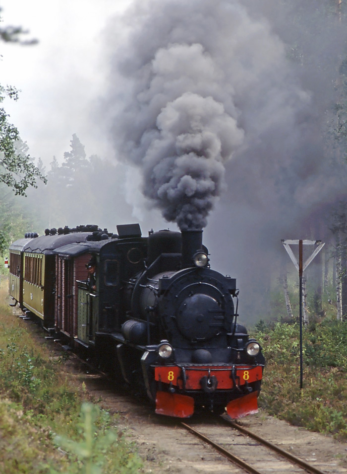 Malletloket DONJ nr 8 med tåg mellan Jädraås och Tallås i augusti 1992. Foto Markus Tellerup.
