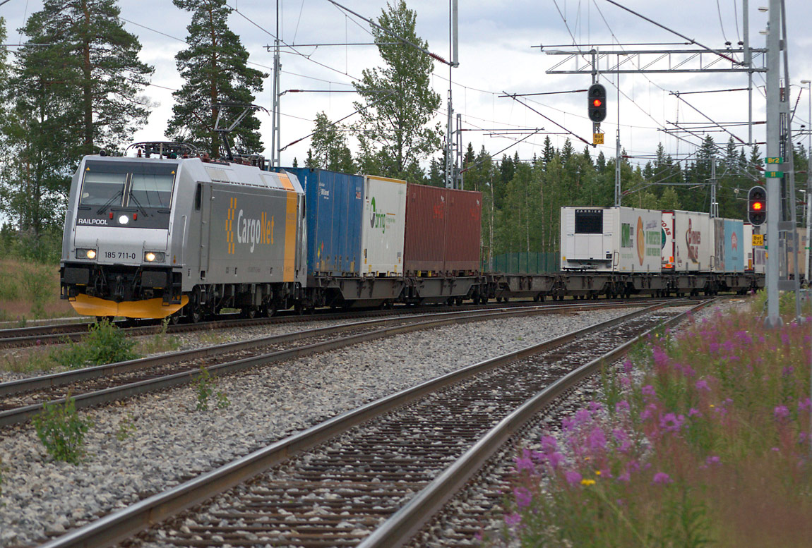 Norska CargoNet passerar Bastuträsk med tåget Arctic Rail Express den 16 juli 2013. Tåget dras av ett lok typ 185. Foto Jonatan Rydberg.