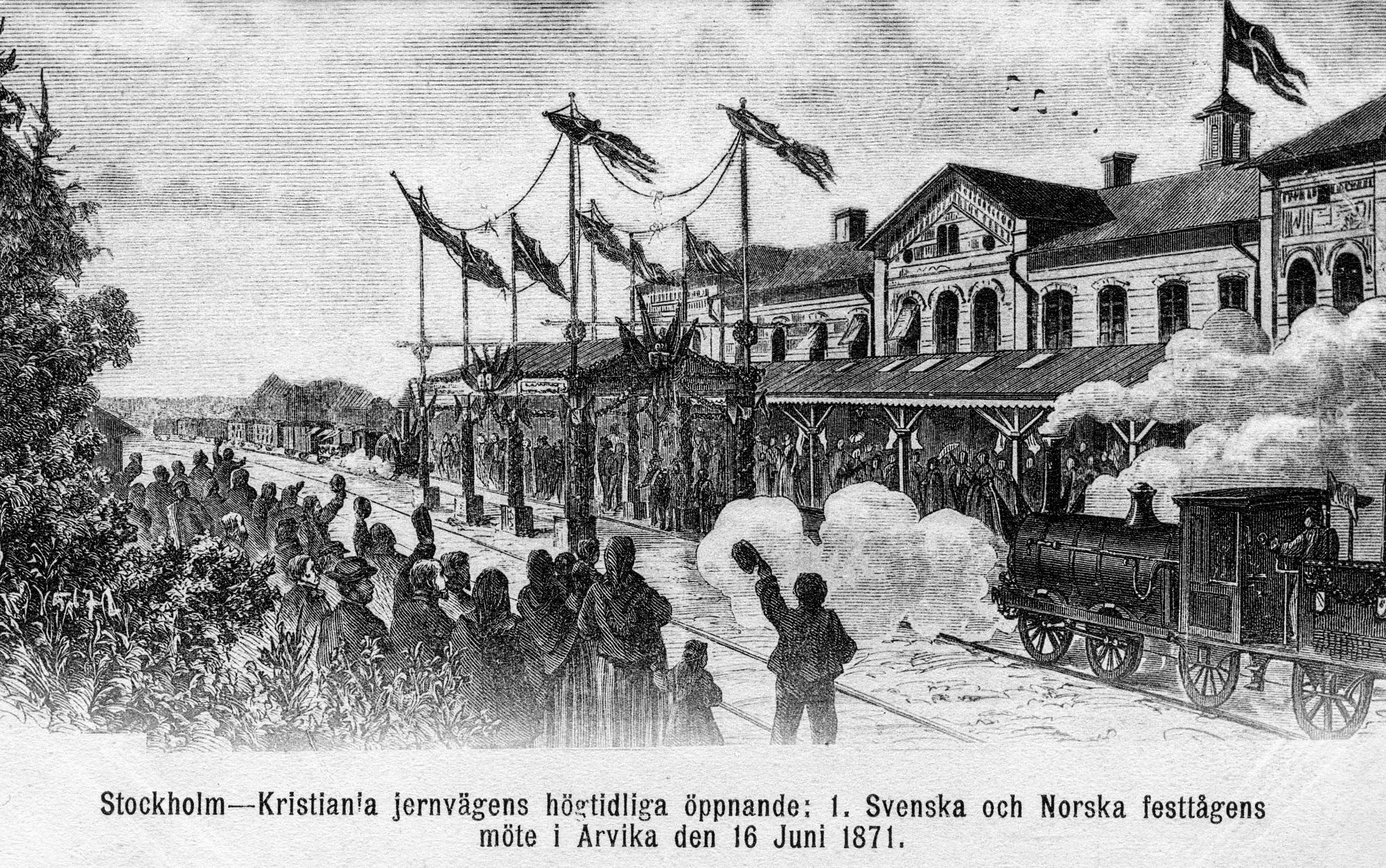 Bild: En illustration av invigningen av Nordvästra stambanan i Arvika 1871