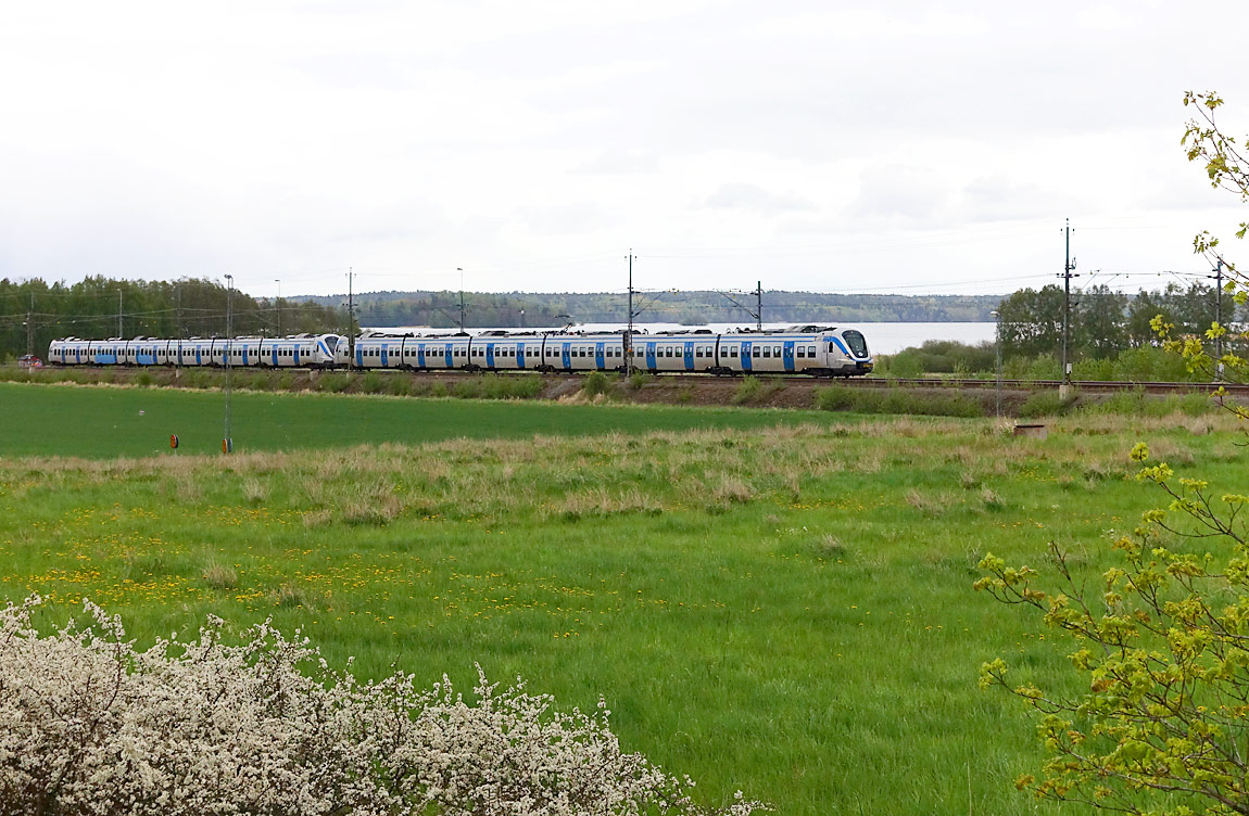 Bild: Ett pendeltåg Nynäshamn-Bålsta bestående av två X60-motorvagnar utanför Kungsängen i maj 2015. Foto Markus Tellerup.