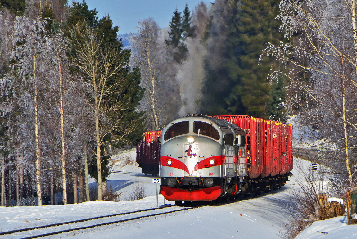 Bild: Tågab TMY 101+103 med timmertåg från Torsby till Skoghall söder om Lysvik i februari 2013