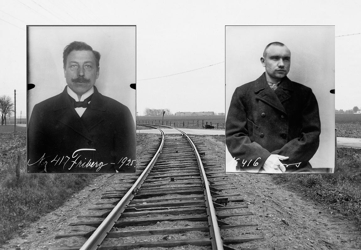 Bild: Tågrånarna Johan Friberg och Axel Fors 1907, med linjen Staffanstorp-Djurslöv i bakgrunden