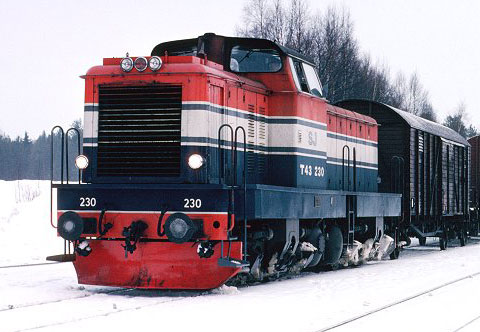 Bild: SJ T43 230 i ursprunglig färgsättning i Ulriksfors 1976